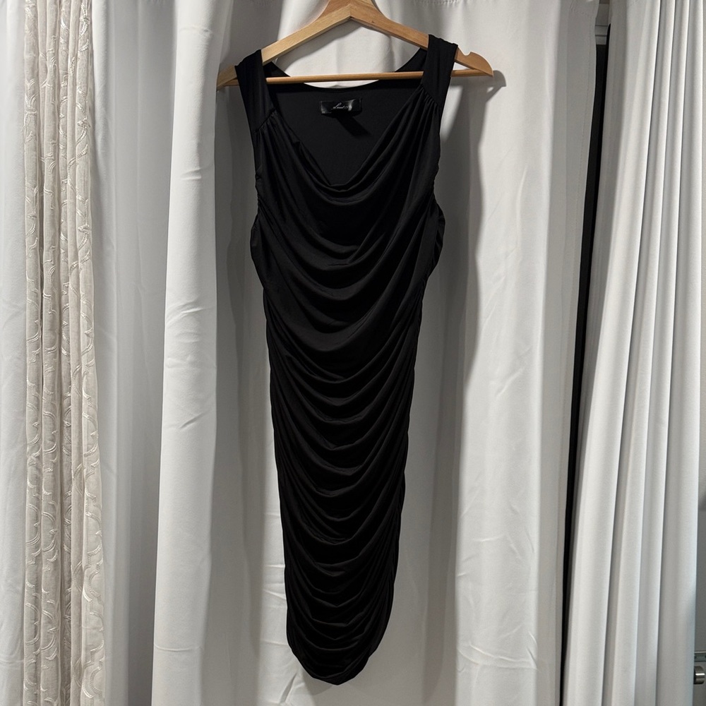 Loved by Heidi Klum Elegant Black Draped Midi Dress Medium